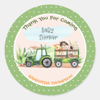 Farm Animals Green Tractor Boys Baby Shower Classic Round Sticker