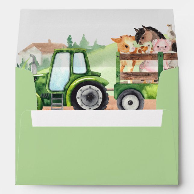   Farm Animals Green Tractor Boys Baby Shower Envelope (Back (Bottom))