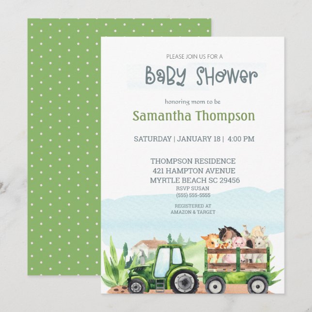   Farm Animals Green Tractor Boys Baby Shower     Invitation (Front/Back)