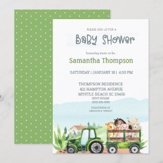 Farm Animals Green Tractor Boys Baby Shower Invitation