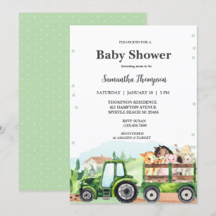   Farm Animals Green Tractor Boys Baby Shower      Invitation