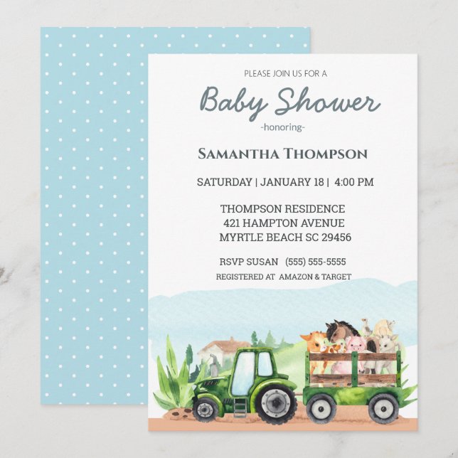   Farm Animals Green Tractor Boys Baby Shower     Invitation (Front/Back)