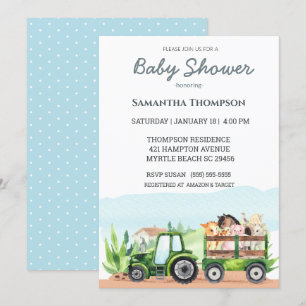   Farm Animals Green Tractor Boys Baby Shower     Invitation