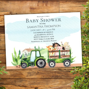 Farm Animals Green Tractor Boys Baby Shower Invitation