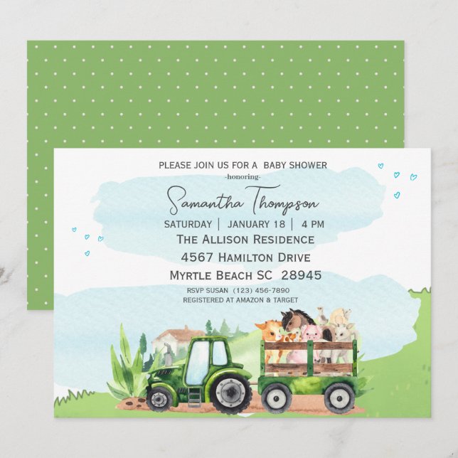   Farm Animals Green Tractor Boys Baby Shower     Invitation (Front/Back)