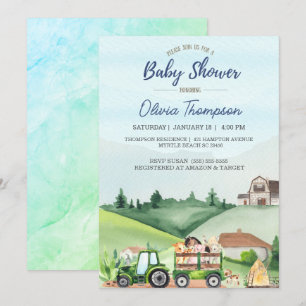   Farm Animals Green Tractor Boys Baby Shower     Invitation