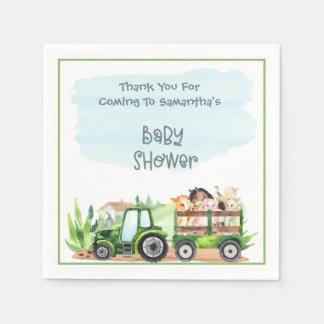 Farm Animals Green Tractor Boys Baby Shower Napkin