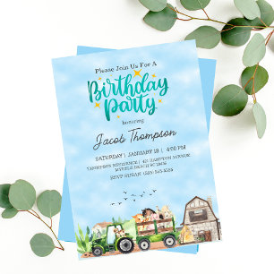   Farm Animals Green Tractor Boys Birthday Party Invitation