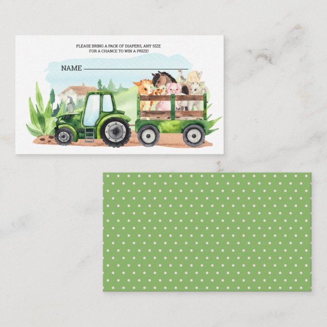   Farm Animals Green Tractor Boys Diaper Raffle Enclosure Card (Front/Back)