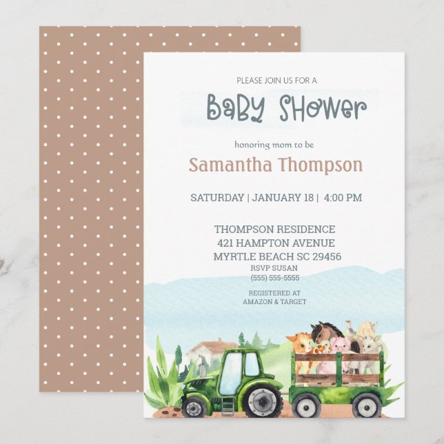   Farm Animals Green Tractor Girl Boy Baby Shower Invitation (Front/Back)