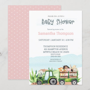   Farm Animals Green Tractor Girls Baby Shower Invitation