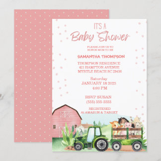 Farm Animals Green Tractor Pink Baby Shower Invitation