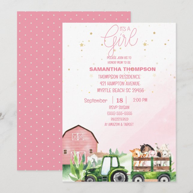   Farm Animals Green Tractor Pink Baby Shower  Invitation (Front/Back)