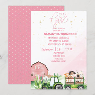   Farm Animals Green Tractor Pink Baby Shower  Invitation