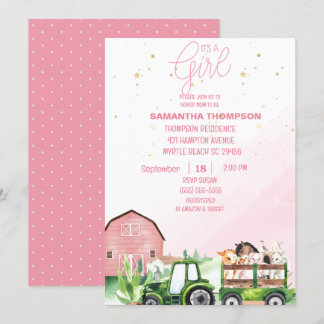   Farm Animals Green Tractor Pink Baby Shower  Invitation