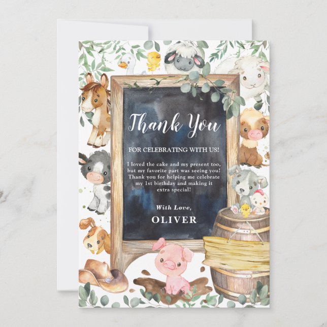 Farm Animals Greenery 1st Birthday Baby Shower Thank You Card (Front)