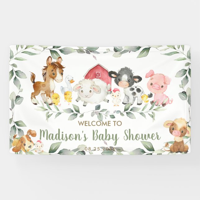 Farm Animals Greenery Baby Shower Welcome Backdrop Banner (Horizontal)