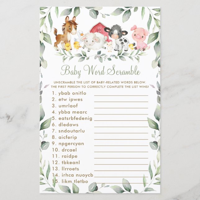 Farm Animals Greenery Baby Shower Word Scramble (Front)