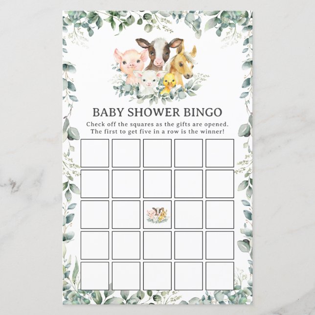 Farm Animals Greenery Fun Baby Shower Bingo Game (Front)