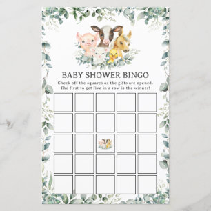 Farm Animals Greenery Fun Baby Shower Bingo Game
