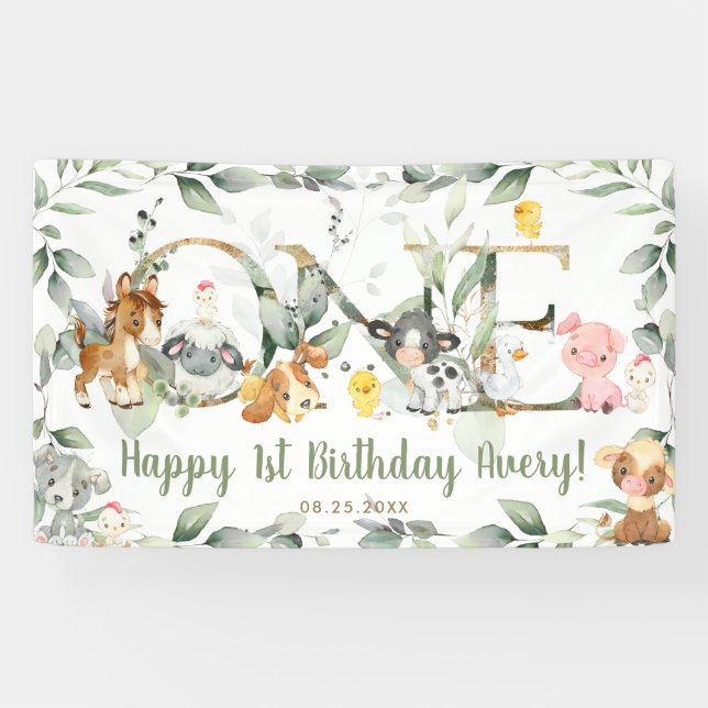 Farm Animals Greenery ONE 1st Birthday Backdrop  Banner (Horizontal)