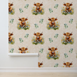 Farm Animals Highland Cow Floral Greenery on Cream Wallpaper