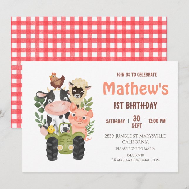 Farm animals Holy Cow First 1st Birthday Invitation (Front/Back)
