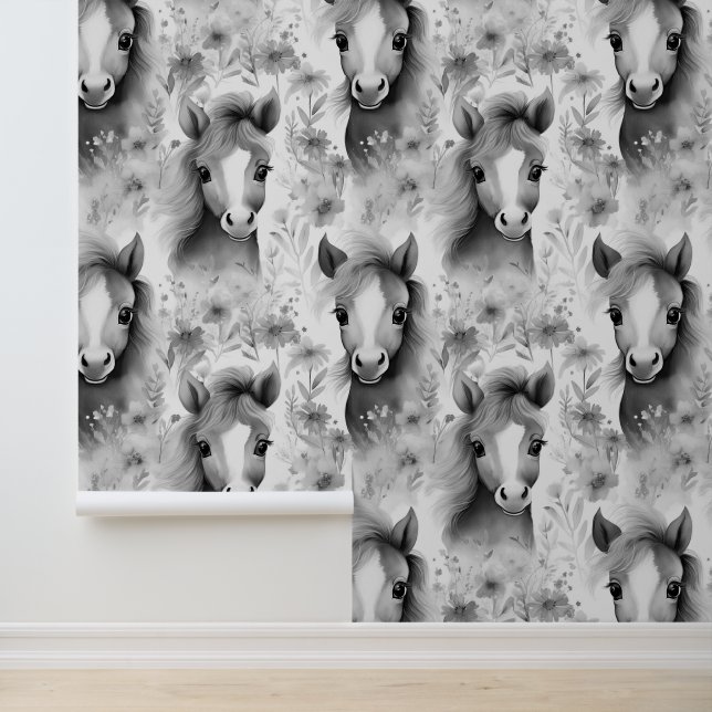 Farm Animals Horse Wild Flowers Grayscale  Wallpaper (Application)