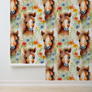 Farm Animals Horse Wild Flowers Wallpaper
