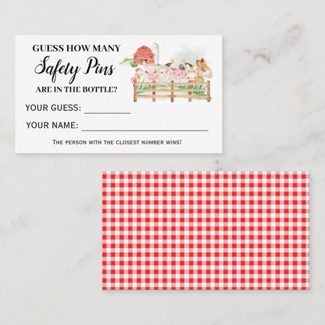 Farm Animals How Many Safety Pins Baby Game Card (Front/Back)