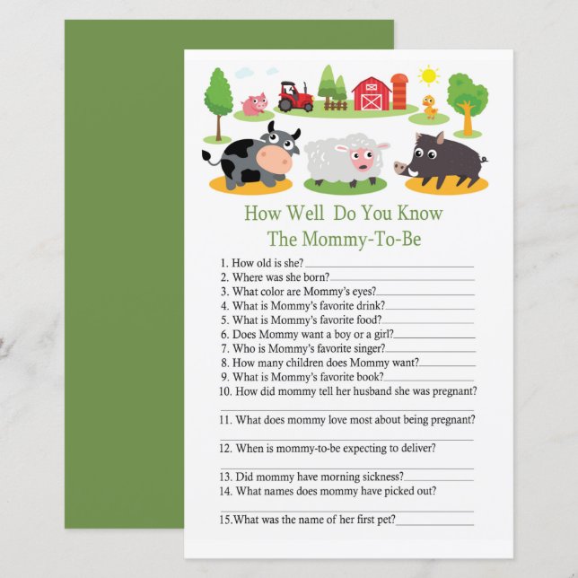 Farm animals How well do you know baby shower game (Front/Back)