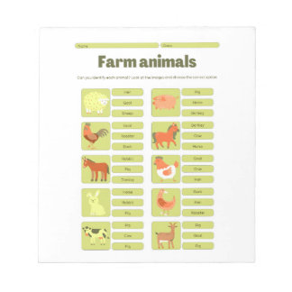 Farm Animals Identification Educational Worksheet Notepad