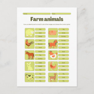 Farm Animals Identification Educational Worksheet Postcard
