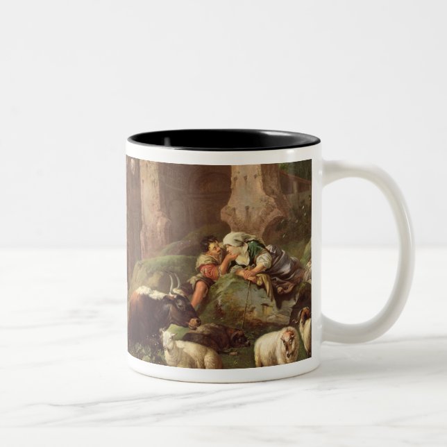 Farm animals in a landscape, 1685 Two-Tone coffee mug (Right)