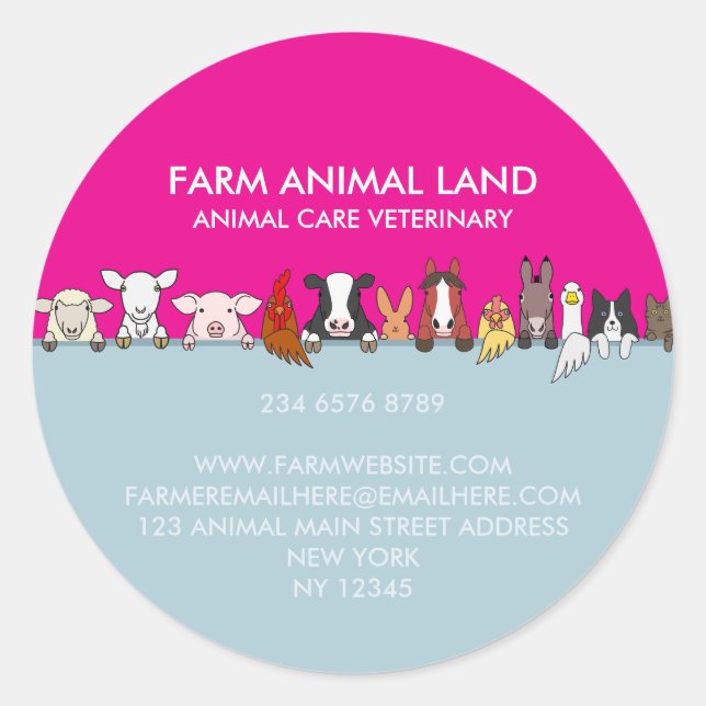 Farm Animals looking to down pink blue Classic Round Sticker (Front)