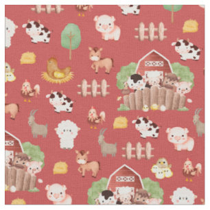 Farm Animals on Prismatic Red Fabric