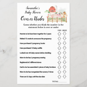 Farm Animals Over or Under Baby Shower Game card