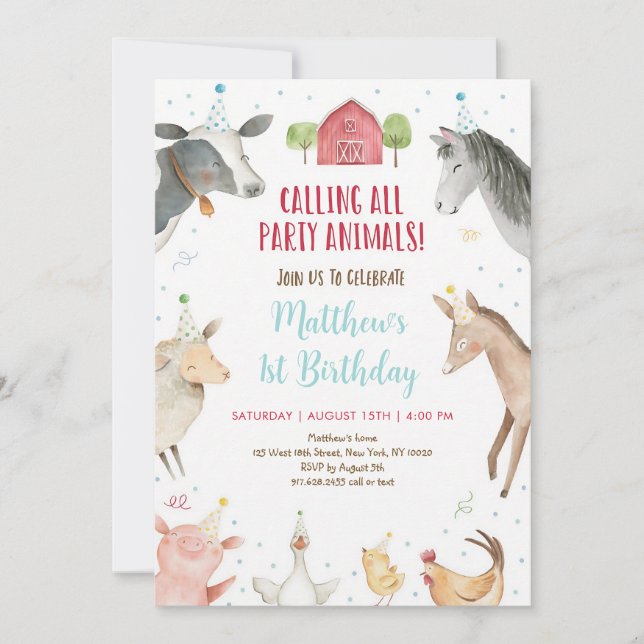 Farm Animals Party Hat Birthday Invitation (Front)