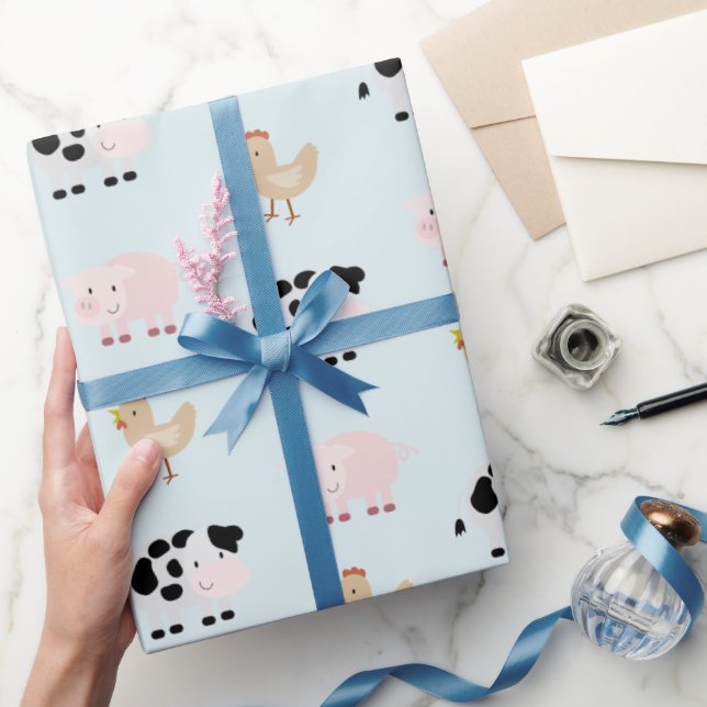 Farm Animals Pattern Blue Wrapping Paper (Gifting)