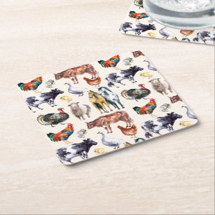 Farm animals pattern watercolor square paper coaster