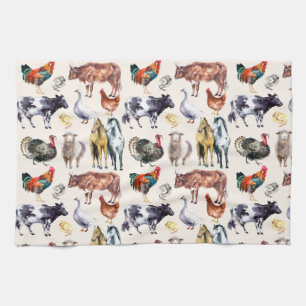 Farm animals pattern watercolor tea towel