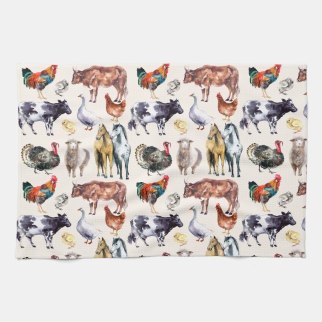 Farm animals pattern watercolor tea towel (Horizontal)