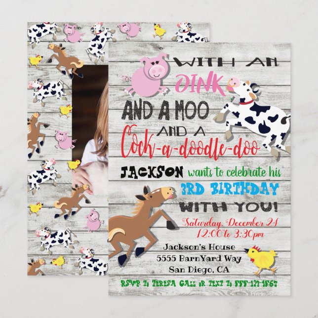 Farm Animals Photo Birthday Party Invitation (Front/Back)