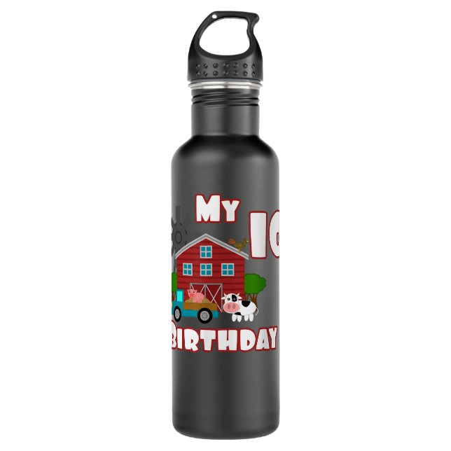 Farm Animals Pig Cow Tractor 10th Birthday 10 year 710 Ml Water Bottle (Front)