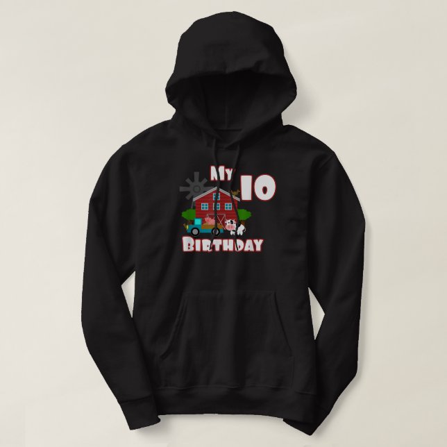 Farm Animals Pig Cow Tractor 10th Birthday 10 year Hoodie (Design Front)