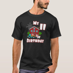 Farm Animals Pig Cow Tractor 11th Birthday 11 year T-Shirt