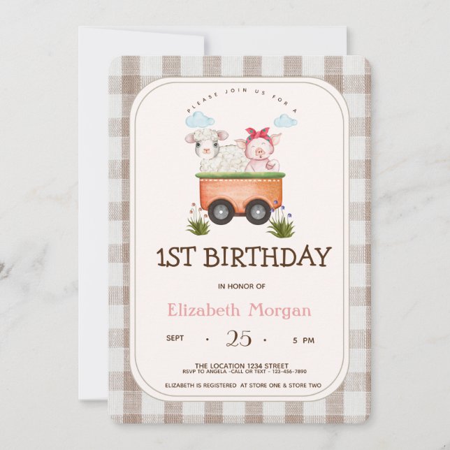 Farm Animals Pig Sheep Gingham Invitation (Front)