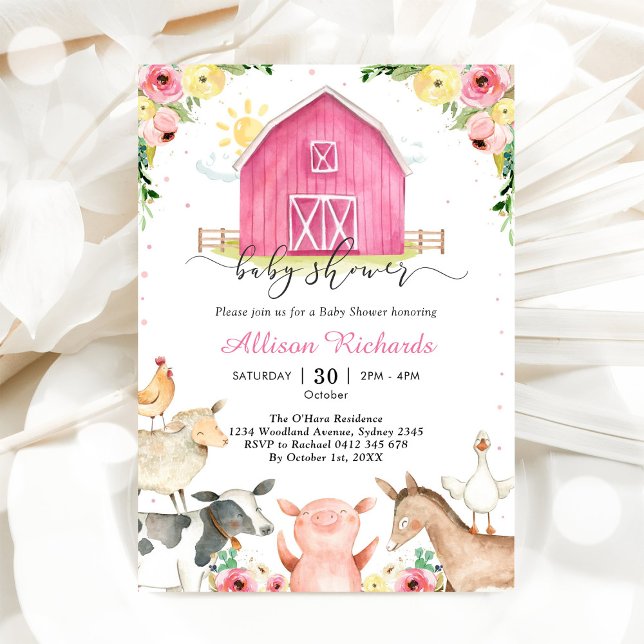 Farm Animals Pink Baby Shower Invitation (Creator Uploaded)