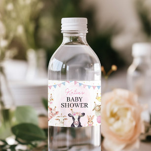 Farm Animals Pink Baby Shower Water Bottle Label