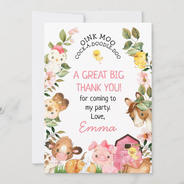 Farm Animals Pink Barn Birthday Thank You Card (Front)